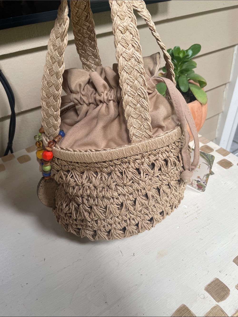 NWT Cappelli Handwoven Straw Tote Bag with Decorative Beads
